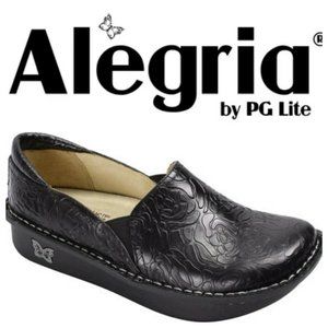 Alegria Debra Deb Clog Shoes Mules 40 US 9.5 10 Black Embossed Floral Leather